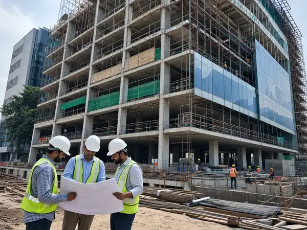 Engineers inspecting approval drawings at an active construction site