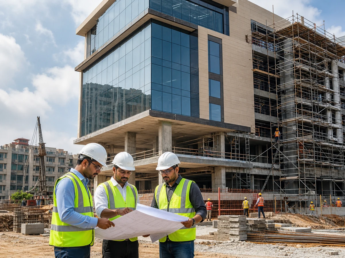 Indian engineers reviewing plans at a modern commercial construction site in Bangalore