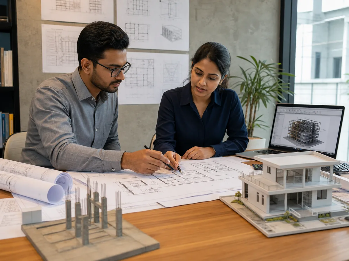 Architect and structural engineer reviewing house elevation and structural drawings