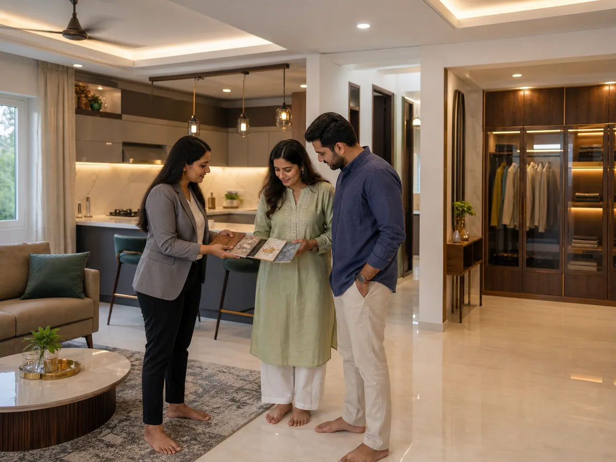 Modern modular kitchen and living interior designed for a new Bangalore home