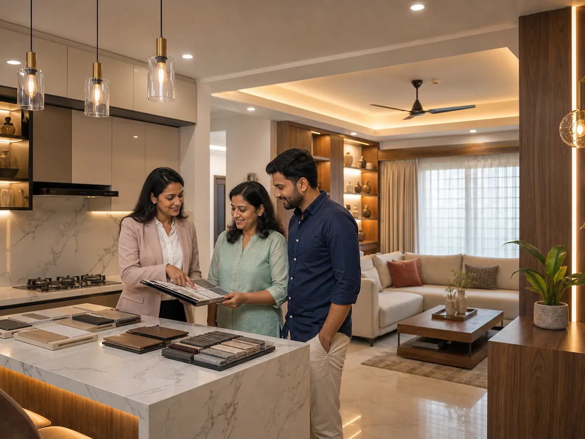 Interior designer discussing modular kitchen and living space finishes with homeowners