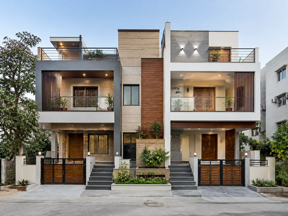 Modern duplex-style residence with split-level layout and dual entrances