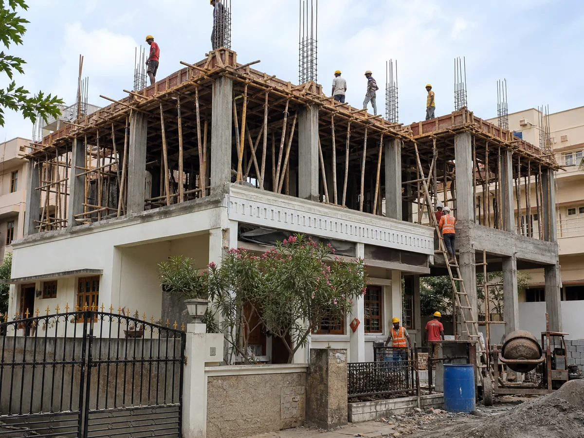 Existing house being extended upward with new floor construction in progress