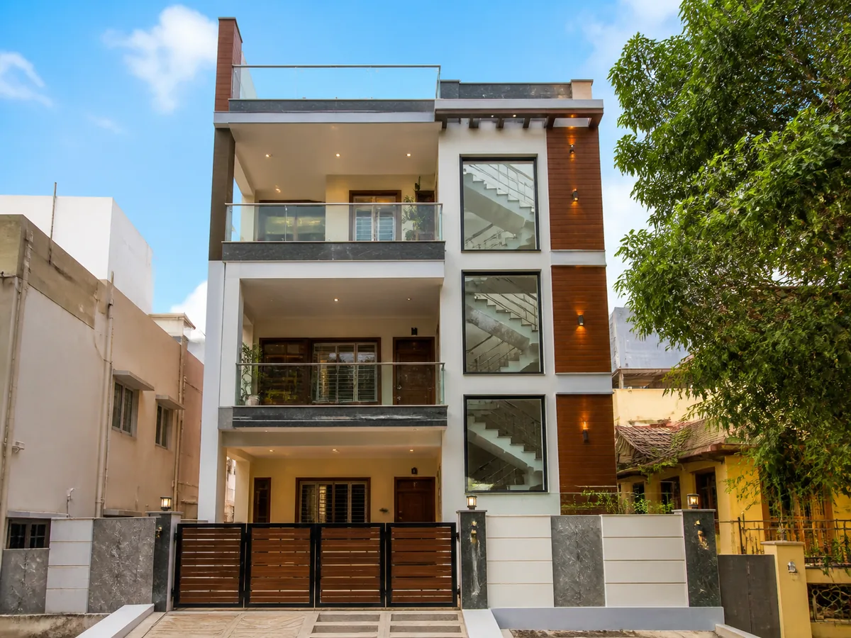 Three-storey independent home in a Bangalore residential neighborhood