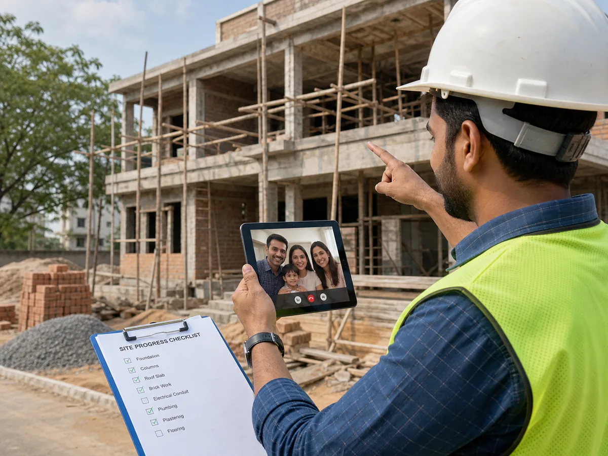 Project manager sharing live residential site progress with remote NRI homeowners on tablet