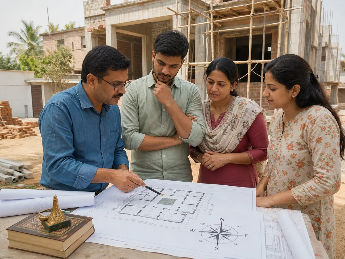 Architect discussing vastu-oriented floor planning with residential clients