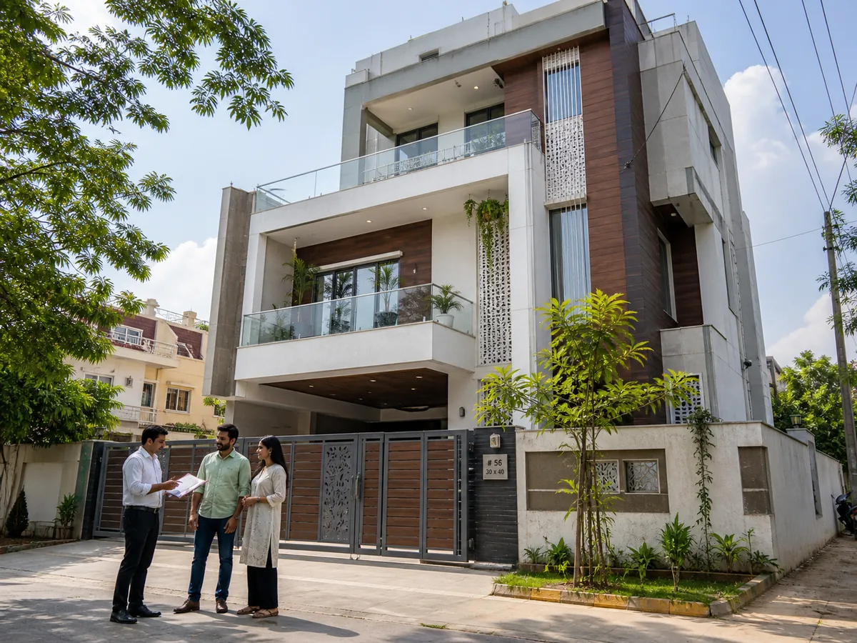 Modern multi-floor residential home completed in Bangalore with homeowners and site engineer