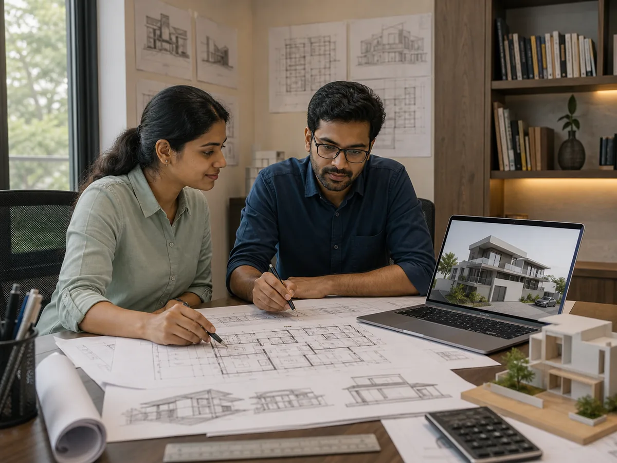 Architect and structural engineer reviewing residential plans and 3D model