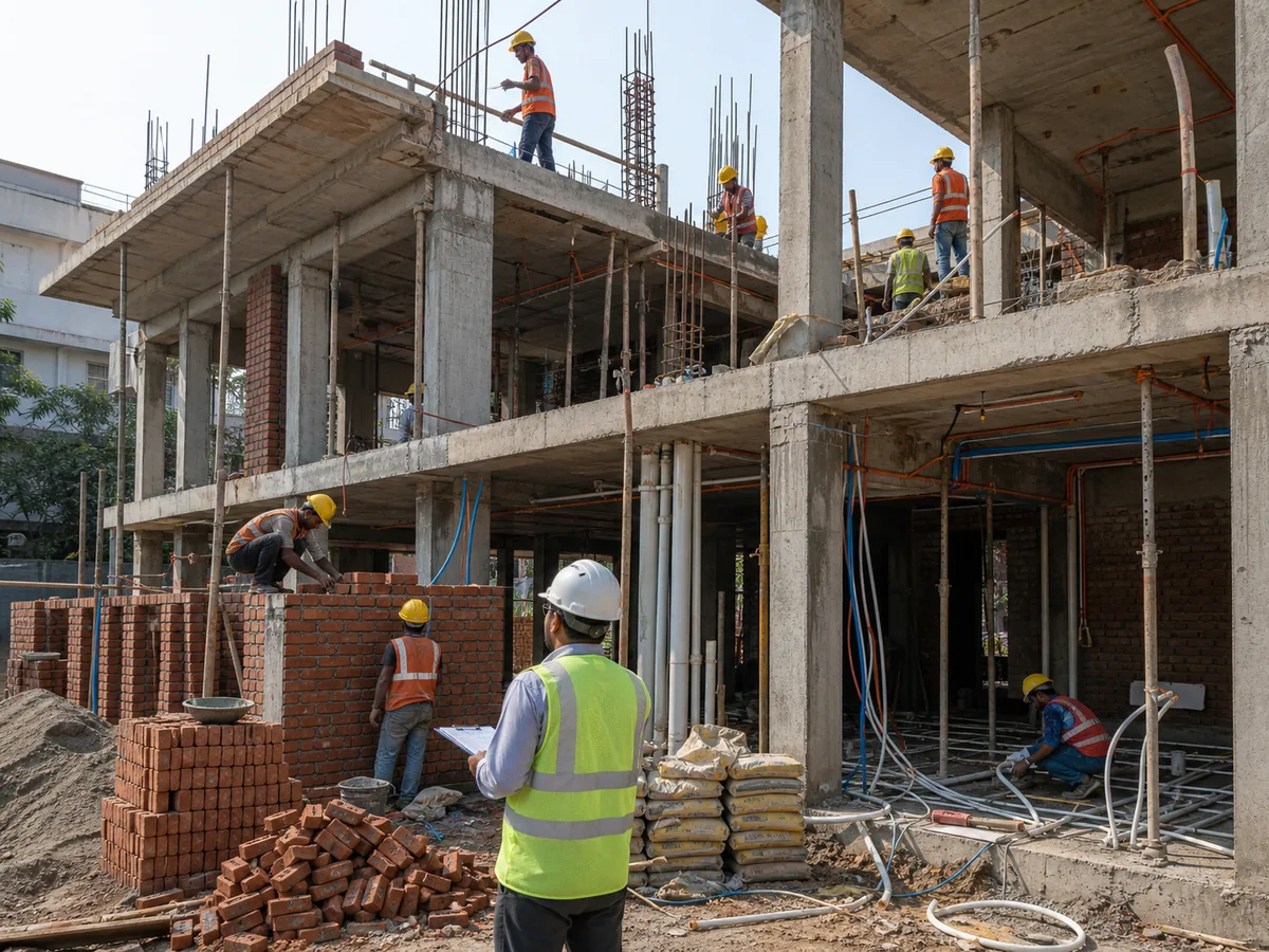 Active residential construction site with supervisor, workers, and structural work in progress